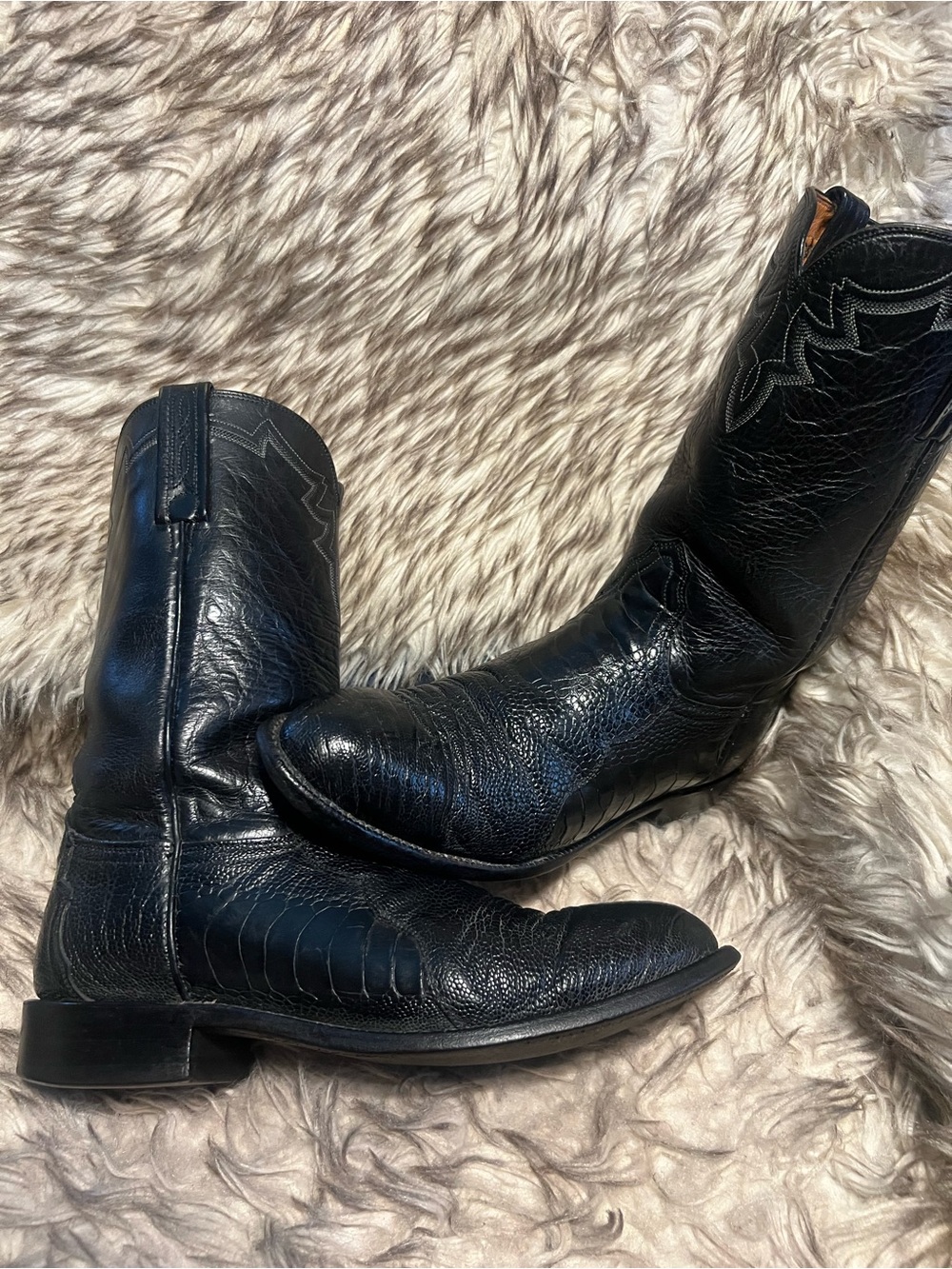 Lucchese Black Ostrich Leg & Leather Western Boots with Stitched Shaft Sz 8.5 D